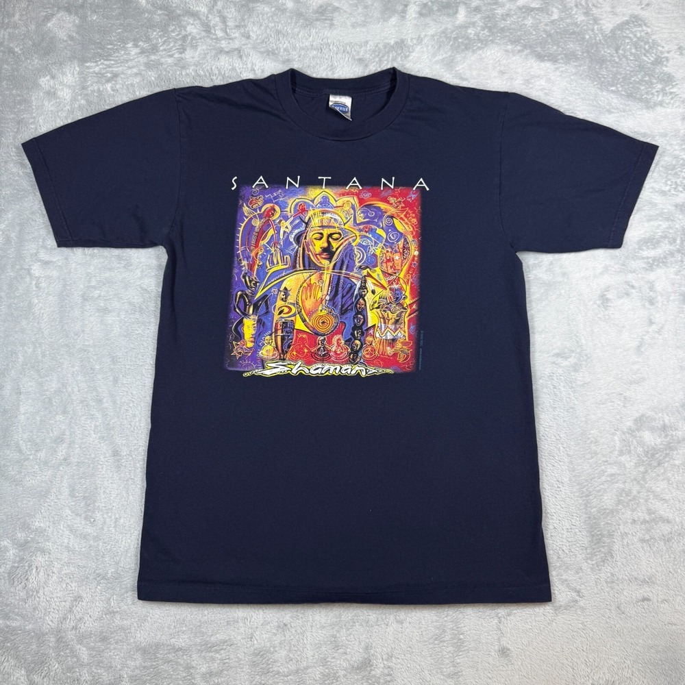 Santana Shaman Music Tour Shirt L Guitar Rock Y2K Blue 2002 Cygnus